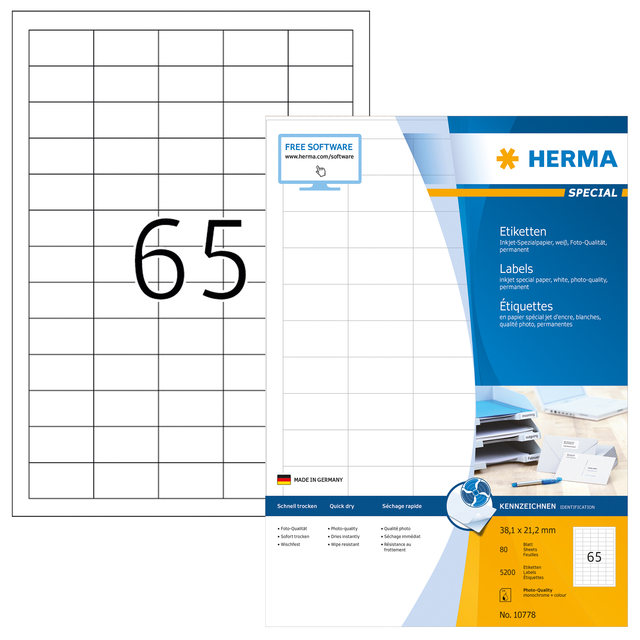 Etiket HERMA 10778 38.1x21.2mm wit 5200stuks