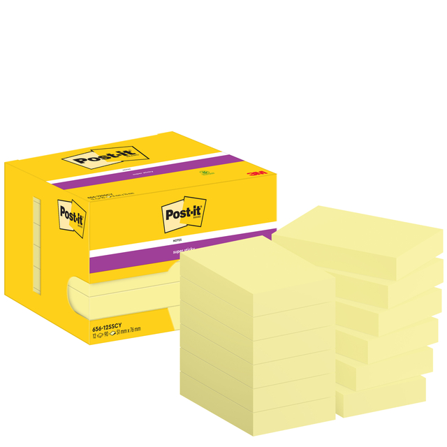 Bloc-mémos Post-it 656 Super Sticky 51x76mm jaune 12 pièces