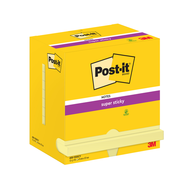 Bloc-mémos Post-it 655 Super Sticky 76x127mm jaune canari 12 pièces