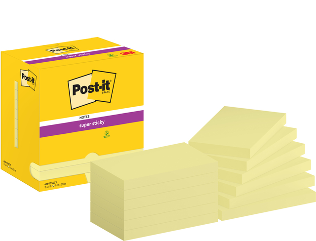 Bloc-mémos Post-it 655 Super Sticky 76x127mm jaune canari 12 pièces
