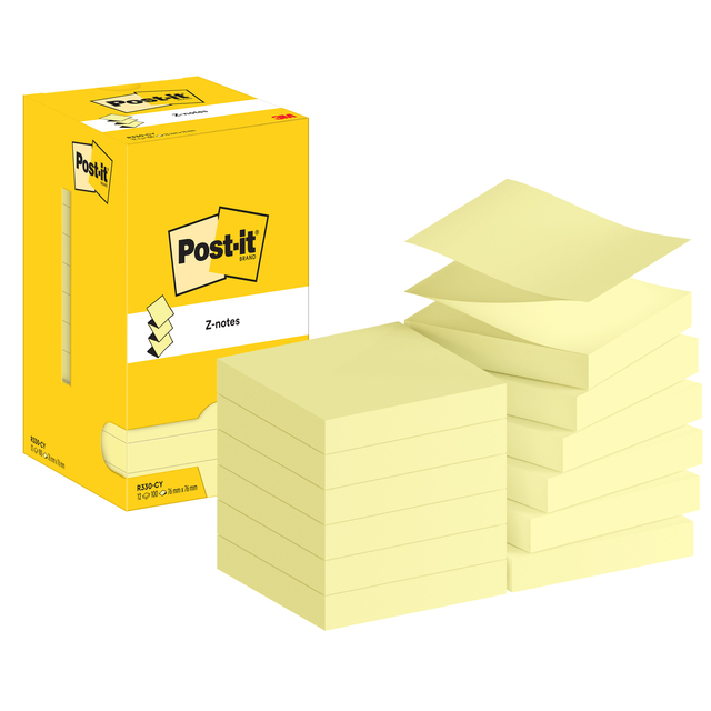 Bloc-mémos Post-it Z-Note R330 76x76mm jaune canari 12 pièces