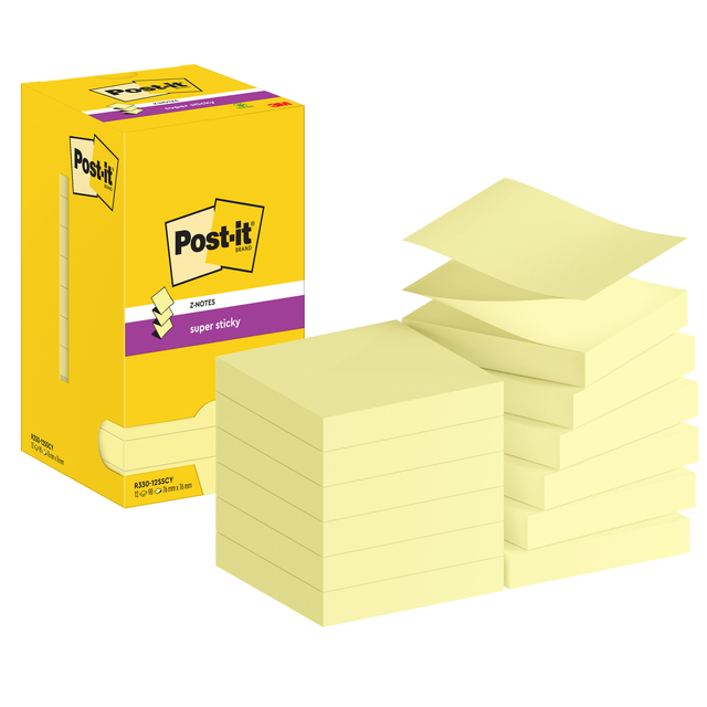 Bloc-mémos Post-it Z-Notes S330 Super Sticky 76x76mm jaune 12 pièces