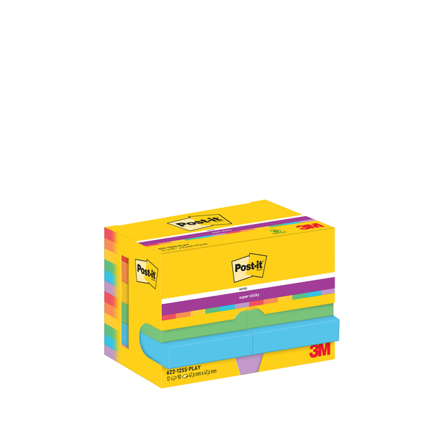 Memoblok Post-it 622 Super Sticky 47,6x47,6mm Playful 12 stuks