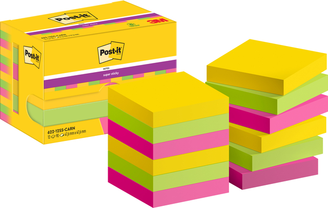 Bloc-mémos Post-it 622 Super Sticky 47,6x47,6mm Carnival 12 pièces