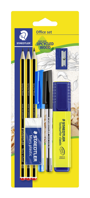 Crayon Staedtler Noris HB blister avec stylos bille, surligneur, gomme, et taille-crayon set 8 pièces