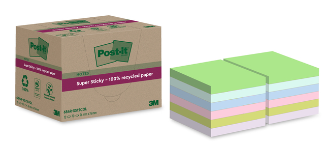 Bloc-mémos Post-it 654 RSS12COL 76x76mm Recyclé couleurs pastel 12 pièces