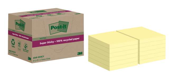 Memoblok Post-it Super Sticky 654 RSS12CY recycled 76x76mm canary yellow 12 stuks