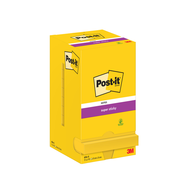 Memoblok Post-it 654 Super Sticky 76x76mm ultrageel 12 stuks