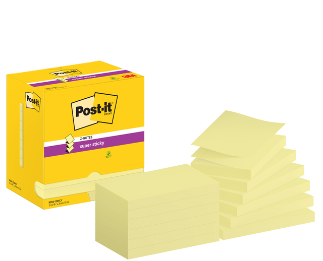 Bloc-mémos Post-it Z-Note S350 Super Sticky 76x127mm jaune 12 pièces