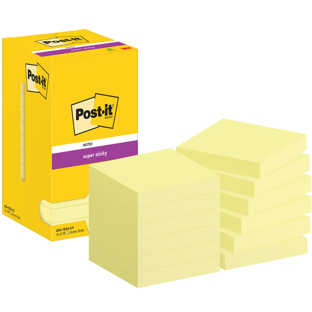 Bloc-mémos Post-it 654 Super Sticky 76x76mm jaune canari 12 pièces
