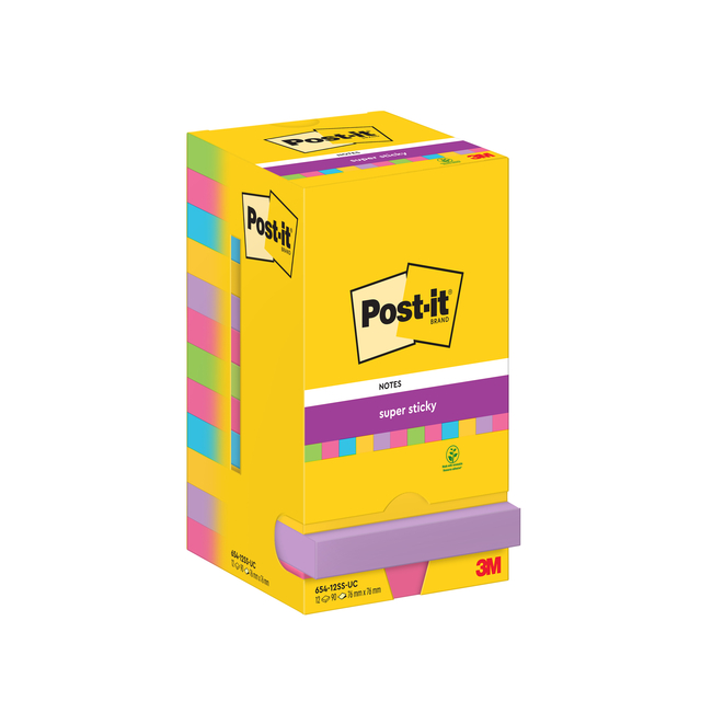 Bloc-mémos Post-it 654 Super Sticky 76x76mm 90 feuilles rainbow 12 pièces