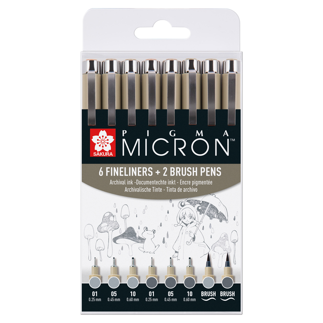 Fineliner Sakura Pigma Micron set 6 largeurs avec 2 feutres pinceau gris froid