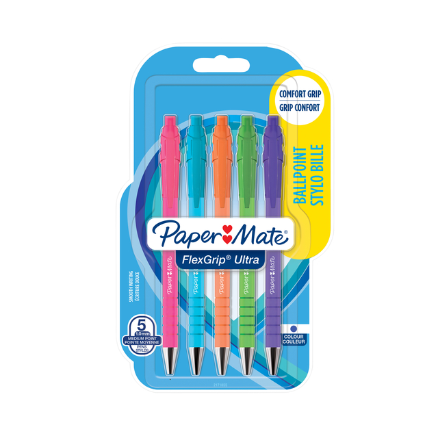 Balpen Paper Mate Flexgrip drukknop Bright fun medium assorti 5 stuks