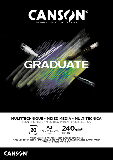 Tekenblok Canson Graduate Mixed Media black paper A3 20vel 240gr