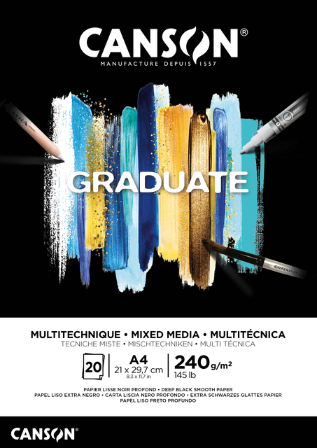 Bloc à dessin Canson Graduate Mixed Media Black paper A4 20 feuilles 240g noir