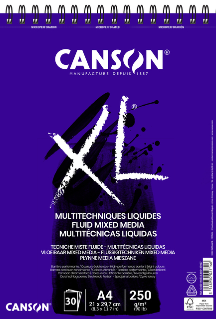 Mixed mediapapier Canson XL Fluid Mixed Media 30vel 250gr A4 extra wit
