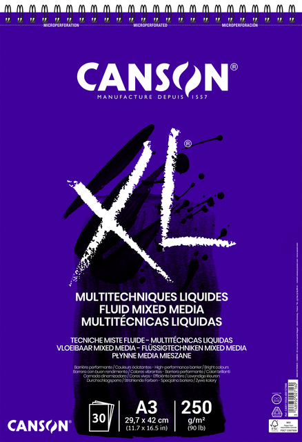 Bloc à dessin Canson XL Multitechniques liquides A3 30 feuilles 250g ultra blanc