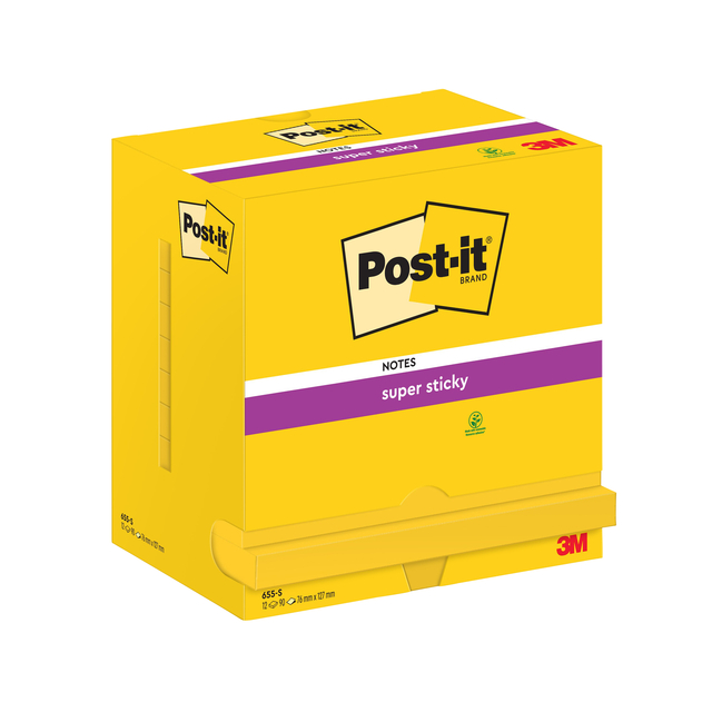 Memoblok Post-it 655 Super Sticky 76x127mm neon geel 12 stuks