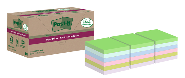 Bloc mémos Post-it 654 RSS12COL 76x76mm Colour Notes 14+4 gratuits