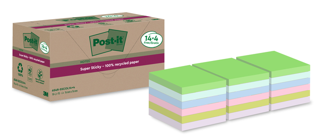 Bloc mémos Post-it 654 RSS12COL 76x76mm Colour Notes 14+4 gratuits