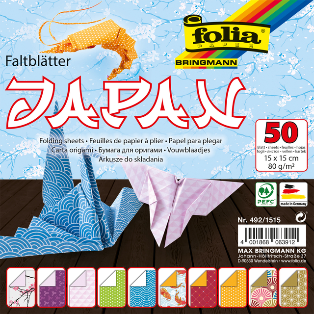 Vouwblaadjes Folia 80gr 15x15cm 50 vel 2-zijdig Japan 10 designs assorti kleuren