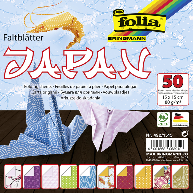 Vouwblaadjes Folia 80gr 15x15cm 50 vel 2-zijdig Japan 10 designs assorti kleuren
