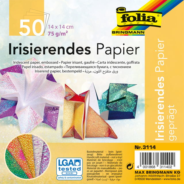 Vouwblaadjes Folia 75gr 14x14cm 50 vel 2-zijdig iriserend embossing assorti kleuren