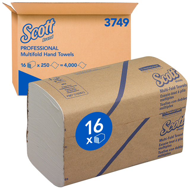 Essuie-mains Scott 3749 1 épaisseur pli-M 203x240mm blanc 16x 250 feuilles