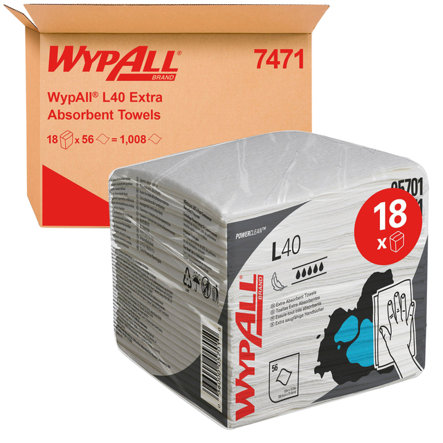 Chiffon WypAll L40 PowerClean 7471 1 épaisseur 18x 56 feuilles blanc