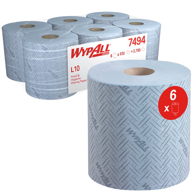 Essuyeur WypAll 7494 L10 1 épaisseur rouleau18,3cmx239m 6x 630 feuilles bleu