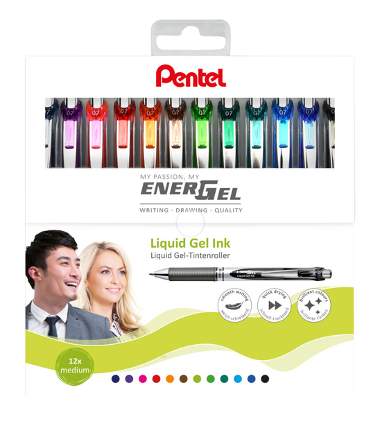 Gelschrijver Pentel BL77 Energel medium assorti etui à 12 stuks