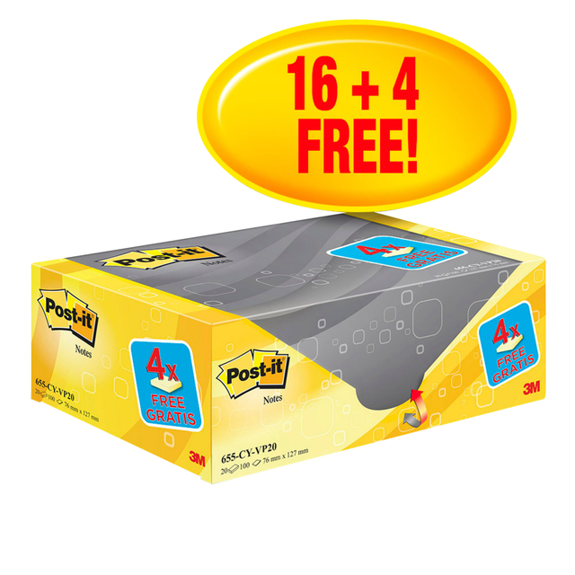 Memoblok 3M Post-it 655 76x127mm geel 16 + 4 gratis