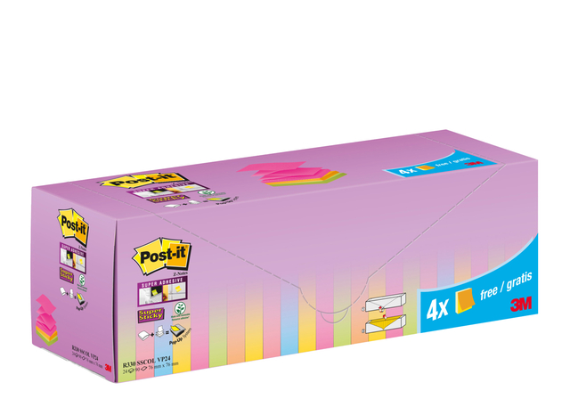 Bloc mémos 3M Post-it Z-Notes R330 Super Sticky 76x76mm 20+4 gratuits