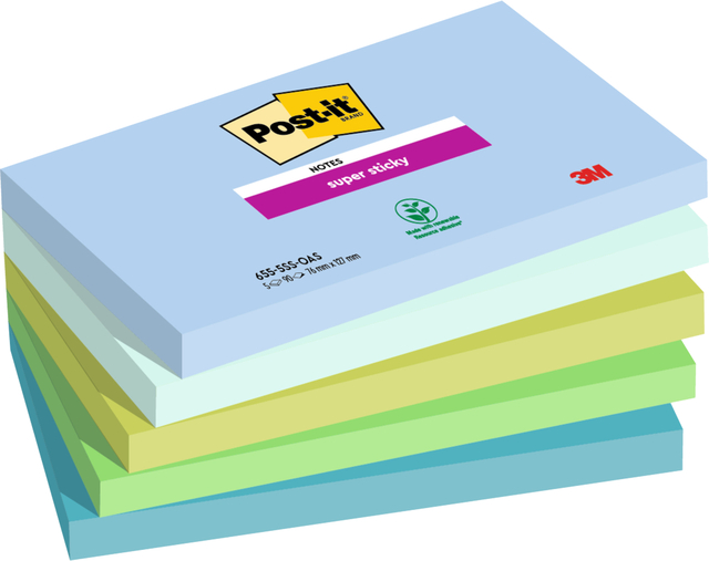 Bloc mémo 3M Post-it 655 76x127mm Super Sticky Oasis 5 pièces