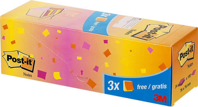 Memoblok 3M Post-it 654 76x76mm neon assorti 21 + 3 gratis