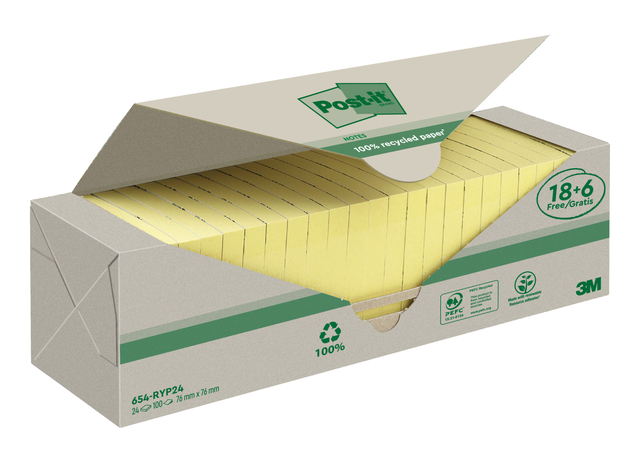 Bloc mémos 3M Post-it 654 76x76mm Recycle jaune 18+6 gratuits