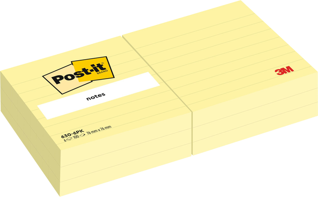 Bloc mémos 3M Post-it 630 76x76mm ligné jaune 6 pièces