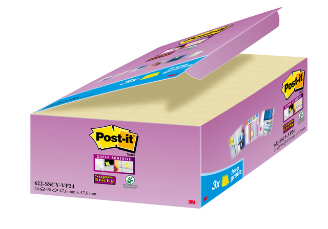 Bloc mémos 3M Post-it 622 Super Sticky 47,6x47,6mm jaune 21 + 3 gratuits