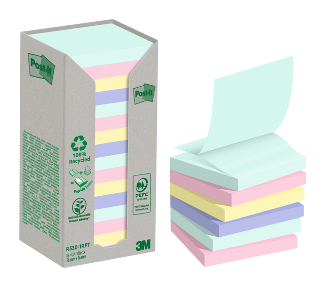 Bloc mémos 3M Post-it Z-Notes R330 76x76mm Recycle assorti 16 pièces