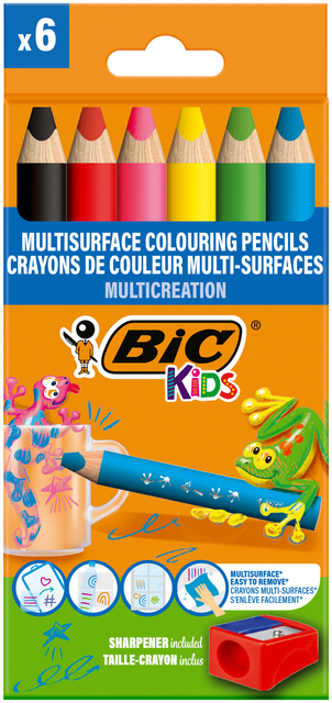Crayon de couleur BIC Kids Multi-surface inclus taille-crayon assorti paquet 6 pièces