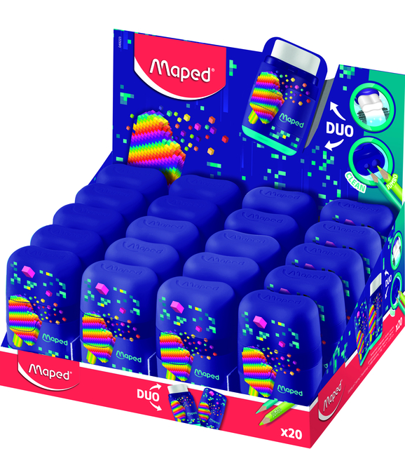 Taille-crayon Maped Pixel Party Connect 2 trous avec gomme présentoir 20 pièces