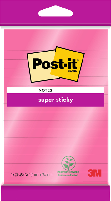 Bloc-mémos 3M Post-it 4645 Super Sticky 101x152mm ligné rose