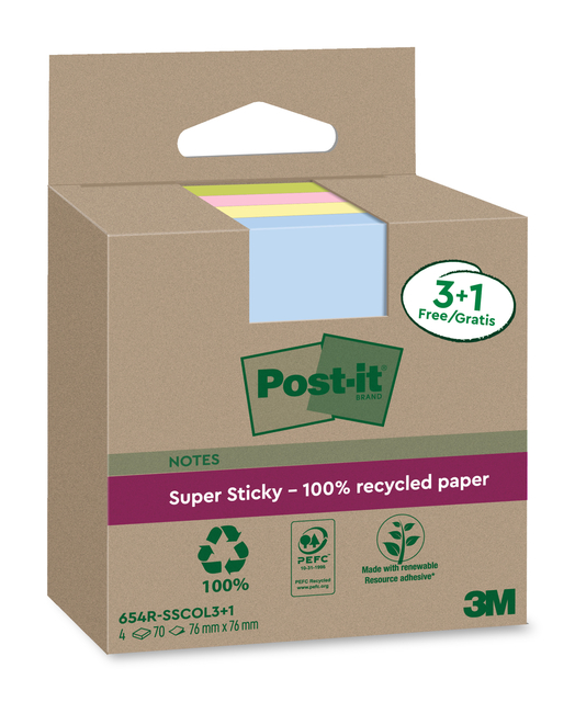 Bloc-mémos 3M Post-it 654 RSSCOL 76x76mm assorti 3+ 1 gratuit