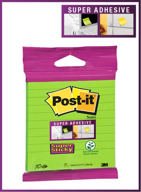 Bloc-mémos 3M Post-it XL-LL Super Sticky 101x101mm ligné vert 70 feuilles