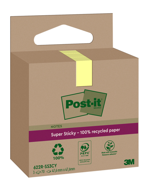 Memoblok 3M Post-it 622 RSS3CY 47,6x47,6mm geel 3 stuks