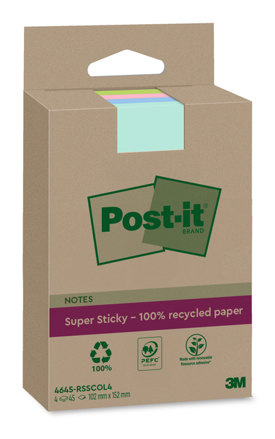 Bloc-mémos 3M Post-it 4645-RSSCOL4 Super Sticky 102x152mm assorti 4 pièces