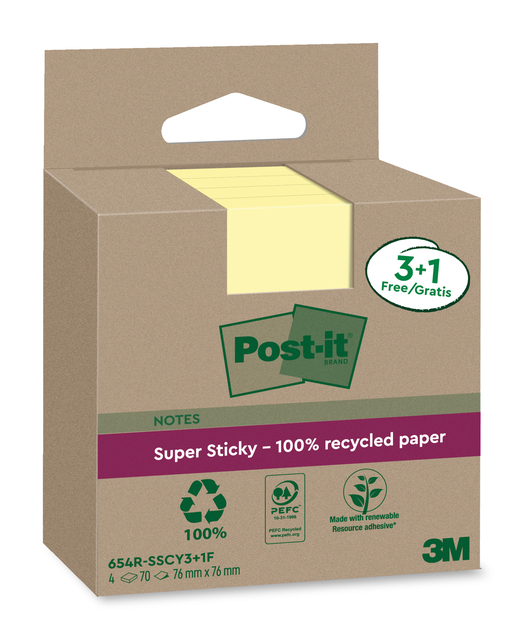 Memoblok 3M Post-it 654 RSSCOL 76x76mm geel 3+1 gratis