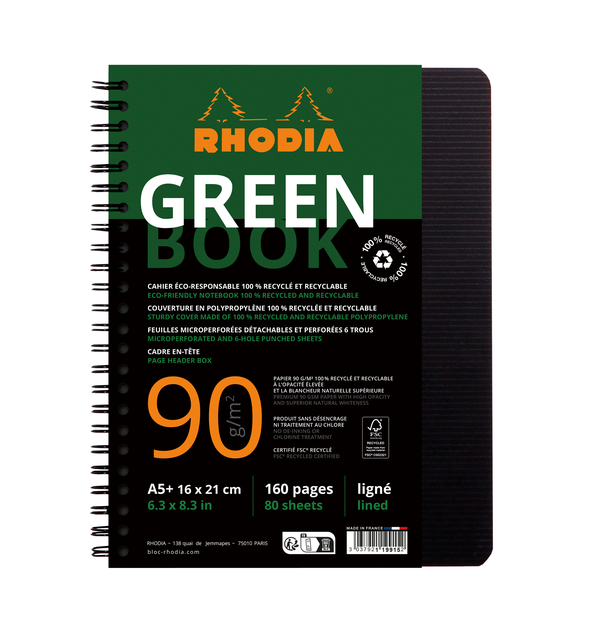 Cahier de notes Rhodia Greenbook A5 ligné 6 perforations 180 pages 90g noir