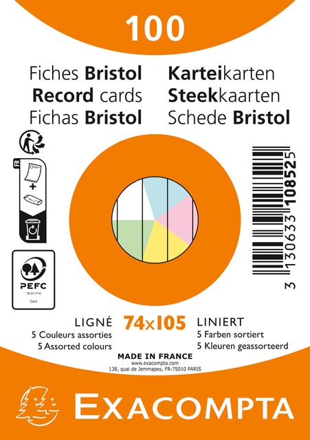 Fiche Flascard Exacompta 74x105mm ligné 5 couleurs 100 pièces