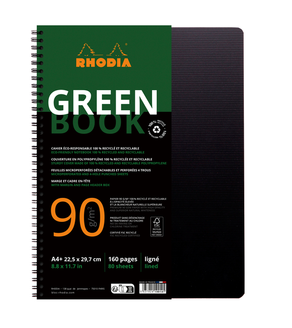 Cahier de notes Rhodia Greenbook A4 ligné 4 perforations 180 pages 90g noir